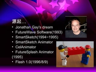 Դ
? Jonathan Gay's dream
? FutureWave Software(1993)
? SmartSketch(1994~1995)
? SmartSketch Animator
? CelAnimator
? FutureSplash Animator
(1995)
? Flash 1.0(1996/8/9)
 