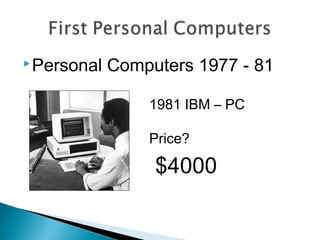 Personal Computers 1977 - 81
1981 IBM – PC
Price?
$4000
 