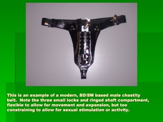 This is an example of a modern, BD/SM based male chastity belt.  Note the three small locks and ringed shaft compartment, ...