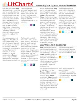 Long after the sun sets, Bilbo
swims to the shore and lets the
dwarves out of their barrels;
they are extremely tired and
hungry. Because he is so wet
and exhausted, the narrator
notes, it would be some time
before Thorin was polite to
Bilbo again; nevertheless, he
thanks Bilbo for saving them
from the elves. The group
makes its way into Lake-town,
and Thorin announces himself
as the King Under the
Mountain and demands to be
taken to the Master of the
town.
Thorin is a stubborn,
occasionally ungrateful dwarf;
this foreshadows the events of
the final third of the book. Yet
he’s also a noble, impressive
figure, who quickly switches from
being cold and wet to
commanding the respect of the
entire town.
44 55
Men take the dwarves and
Bilbo to see the Master of
Lake-town, who is at a feast.
He is astounded to hear that
the King Under the Mountain
has returned, and though
there is an elf at the feast who
says that Thorin and his
comrades are escaped
prisoners, the general
excitement over Thorin’s
return is so great that the
Master has no choice but to
allow the group to remain free.
The Master is immediately
shown to be a callous, greedy
leader, who feasts even when his
people are poor and hungry.
Despite his greed, he’s not a
particularly powerful leader; he
has to give in to the crowd
because he isn’t strong enough to
disagree with them. This suggests
that the Master stays in his
position by manipulating popular
opinion, rather ignoring it
altogether. He comes to serve as
a contract to other, more heroic
characters.
22 44 55
For the next two weeks, Bilbo
and the dwarves enjoy the
town’s hospitality, and regain
their strength. After this time,
Thorin announces to the
Master that he is ready to go
to the Mountain. The Master is
surprised, because he had
assumed that Thorin was a
fraud and merely pretending
to be the King Under the
Mountain in order to get free
food and lodgings.
Nevertheless, the Master
conceals his surprise and
wishes Thorin good luck on his
quest. He is happy to be rid of
the dwarves, since they are
expensive to take care of. Bilbo
is the only one who’s unhappy
to be leaving the town.
The Master is such a fraud
himself that he’s amazed when
his guest turns out to be sincere
in his aims. Bilbo, despite the
aptitude for adventure he’s
developed so far, isn’t at all eager
to go to the Lonely Mountain.
This raises the question of what,
exactly, Bilbo wants to get out of
his quest. It may be that Bilbo
wants a “healthy balance” of
adventure and peace—too much
of either one makes him anxious.
11 22 55
CHAPTER 11: ON THE DOORSTEP
Bilbo and the dwarves make
use of the supplies and ponies
the men of the town give them,
and take two days to ride to
Smaug’s Desolation, the area
around the Mountain that
Smaug has claimed for himself.
They are not cheery as they
ride, since they know that they
are nearing the end of their
journey, and it might be an
unpleasant end.
The climactic scenes of The
Hobbit are about to begin, and
everyone, including the dwarves,
Bilbo, and Tolkien himself, knows
it.
11 55
The group reaches the remains
of Dale, which is in ruins.
Thorin and Balin note sadly
that the Dale was green and
beautiful before Smaug
destroyed it. Bilbo sees smoke
rising from the Mountain, and
assumes that Smaug must still
be there. Balin says that he’s
probably right, but that Smaug
could be gone for a time, with
the underground halls still full
of his smell.
Part of Smaug’s danger to the
dwarves is that he’s
unpredictable—surprisingly for
such a large, visible animal. Thus,
it’s not even clear that he’s really
under the mountain.
11 55
The best way to study, teach, and learn about books.
©2016 LitCharts LLC www.LitCharts.com | Follow us: @litcharts | v.S.003 Page 27
 