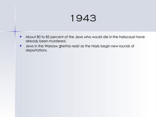 1943 About 80 to 85 percent of the Jews who would die in the holocaust have already been murdered. Jews in the Warsaw ghettos resist as the Nazis begin new rounds of deportations. 