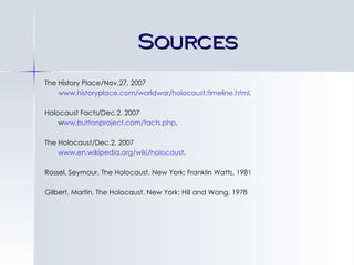 Sources The History Place/Nov.27, 2007 www.historyplace.com/worldwar/holocaust.timeline.html . Holocaust Facts/Dec.2, 2007 w ww.buttonproject.com/facts.php . The Holocaust/Dec.2, 2007 www.en.wikipedia.org/wiki/holocaust . Rossel, Seymour. The Holocaust. New York: Franklin Watts, 1981 Gilbert, Martin. The Holocaust. New York: Hill and Wang, 1978 