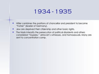 1934 - 1935 Hitler combines the positions of chancellor and president to become “Fuhrer” (leader of Germany). Jew are deprived their citizenship and other basic rights. The Nazis intensify the persecution of political dissidents and others considered “Gypsies,” Jehovah’s witnesses, and homosexuals. Many are sent to concentration camp. 