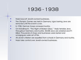 1936 - 1938 Nazis boycott Jewish-owned businesses. The Olympic Games are held in Germany; signs barring Jews are removed until the event is over. In 1938, German troops annexed Austria. On Kristallnacht, “The Night of Broken Glass,”  Nazis terrorize Jews throughout Germany and Austria- 30,000 Jews are arrested and 91 killed. Thousands of shops and businesses were looted and synagogues were set of fire. All Jewish children are expelled from schools in Germany and Austria. Nazis take control over Jewish-owned businesses. 