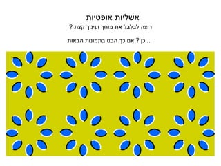 אשליות אופטיות   רוצה לבלבל את מוחך ועיניך קצת  ? כן  ?  אם כך הבט בתמונות הבאות ...   