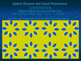 Optical Illusions and Visual Phenomena   幻 覺 和 視覺現 象 Want to confuse your eyes and brain a bit?  想 讓 你的眼睛和大 腦 陷入迷 亂 ？那 麼 看一下下面的 圖 片 ... Yes? Then you might want to have a look at the following pics ..   