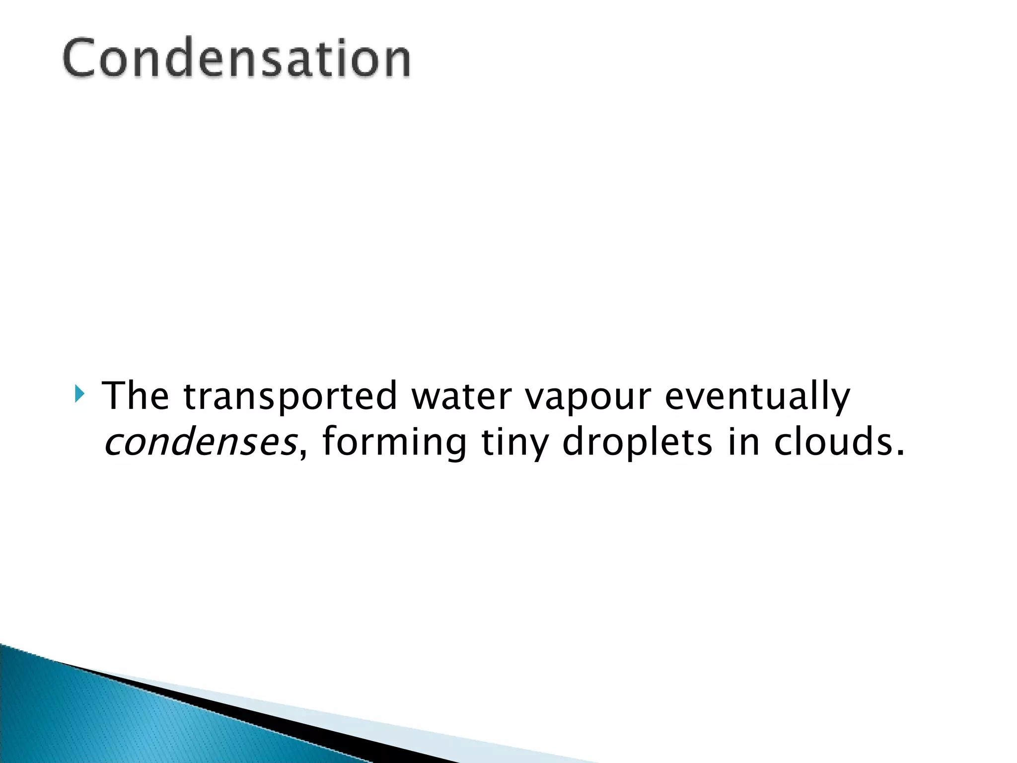 The transported water vapour eventually  condenses , forming tiny droplets in clouds. 