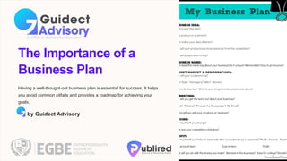 The Importance of a
Business Plan
Having a well-thought-out business plan is essential for success. It helps
you avoid common pitfalls and provides a roadmap for achieving your
goals.
by Guidect Advisory
 