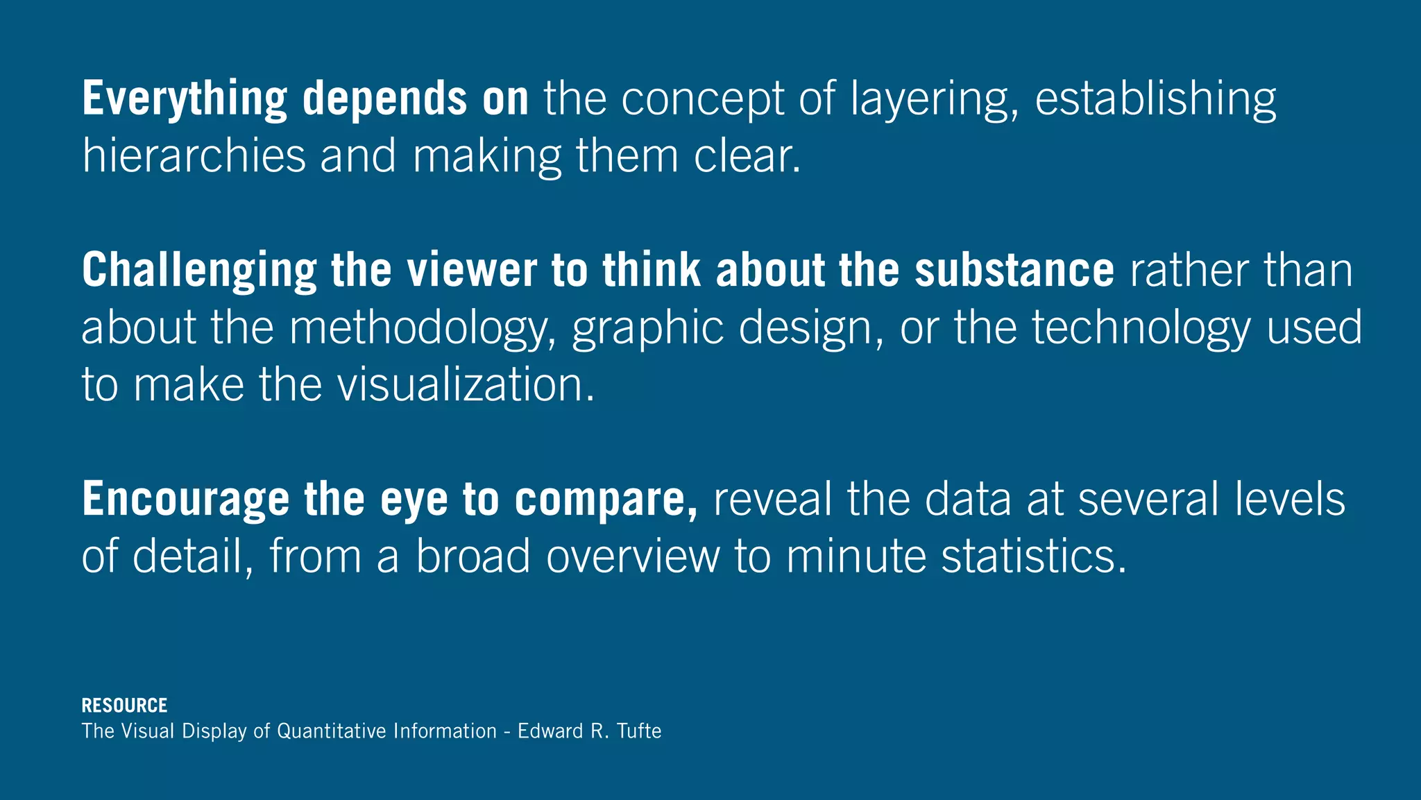 Everything depends on the concept of layering, establishing
hierarchies and making them clear.
Challenging the viewer to think about the substance rather than
about the methodology, graphic design, or the technology used
to make the visualization.
Encourage the eye to compare, reveal the data at several levels
of detail, from a broad overview to minute statistics.
RESOURCE
The Visual Display of Quantitative Information - Edward R. Tufte
 