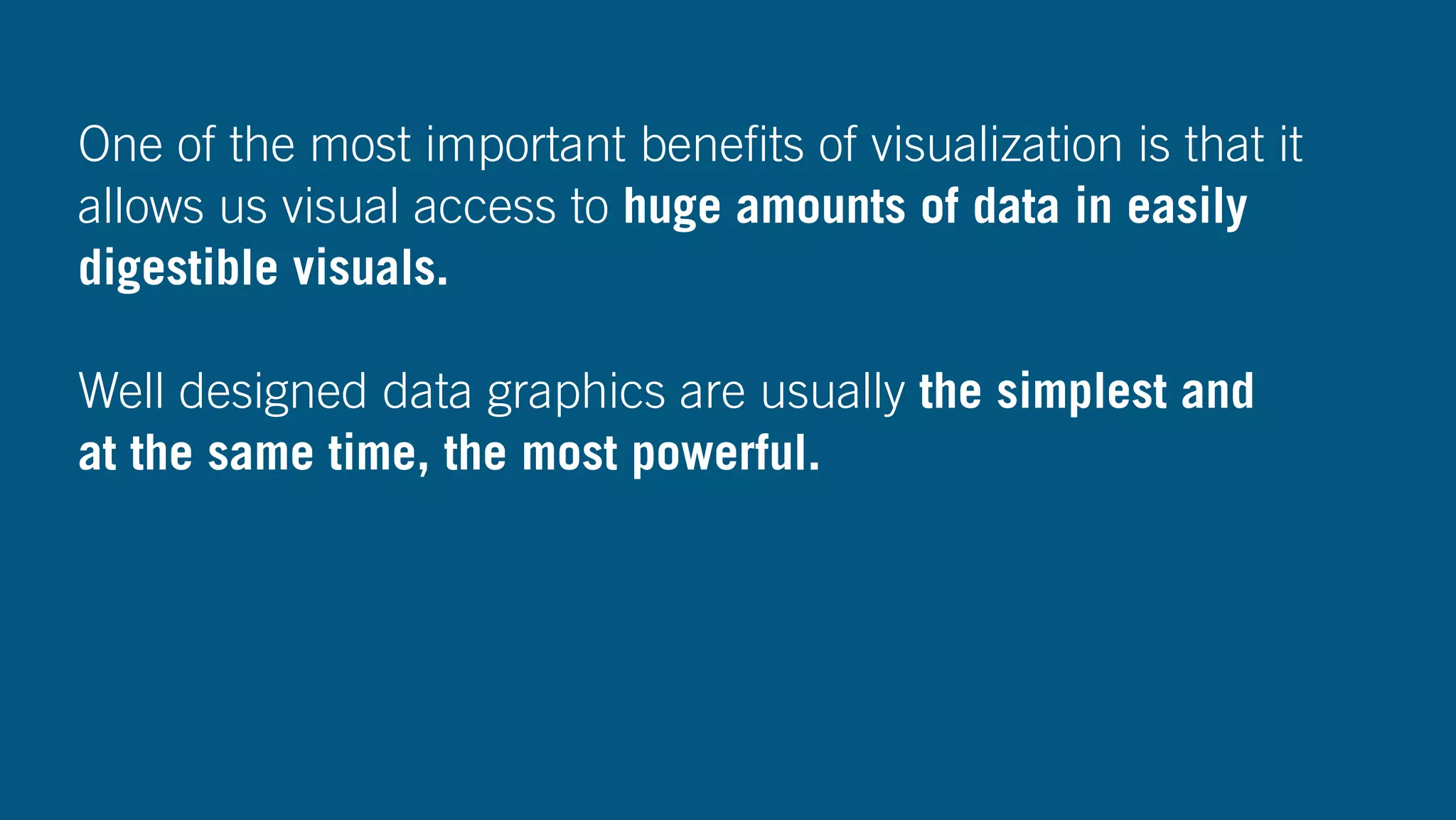One of the most important beneﬁts of visualization is that it
allows us visual access to huge amounts of data in easily
digestible visuals.
Well designed data graphics are usually the simplest and
at the same time, the most powerful.
 