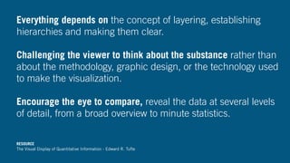 Everything depends on the concept of layering, establishing
hierarchies and making them clear.
Challenging the viewer to think about the substance rather than
about the methodology, graphic design, or the technology used
to make the visualization.
Encourage the eye to compare, reveal the data at several levels
of detail, from a broad overview to minute statistics.
RESOURCE
The Visual Display of Quantitative Information - Edward R. Tufte
 