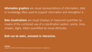 Information graphics are visual representations of information, data
or knowledge often used to support information and strengthen it.
Data visualizations are visual displays of measured quantities by
means of the combined use of a coordination system, points, lines,
shapes, digits, letters quantiﬁed by visual attributes.
Both can be static, animated or interactive.
RESOURCE
readwrite.com/2011/01/07/difference-between-datavisualization-infographics
 