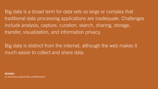 Big data is a broad term for data sets so large or complex that
traditional data processing applications are inadequate. Challenges
include analysis, capture, curation, search, sharing, storage,
transfer, visualization, and information privacy.
Big data is distinct from the internet, although the web makes it
much easier to collect and share data.
RESOURCE
en.wikipedia.org/wiki/Big_dataWikipedia
 
