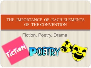 Fiction, Poetry, Drama
THE IMPORTANCE OF EACH ELEMENTS
OF THE CONVENTION
 