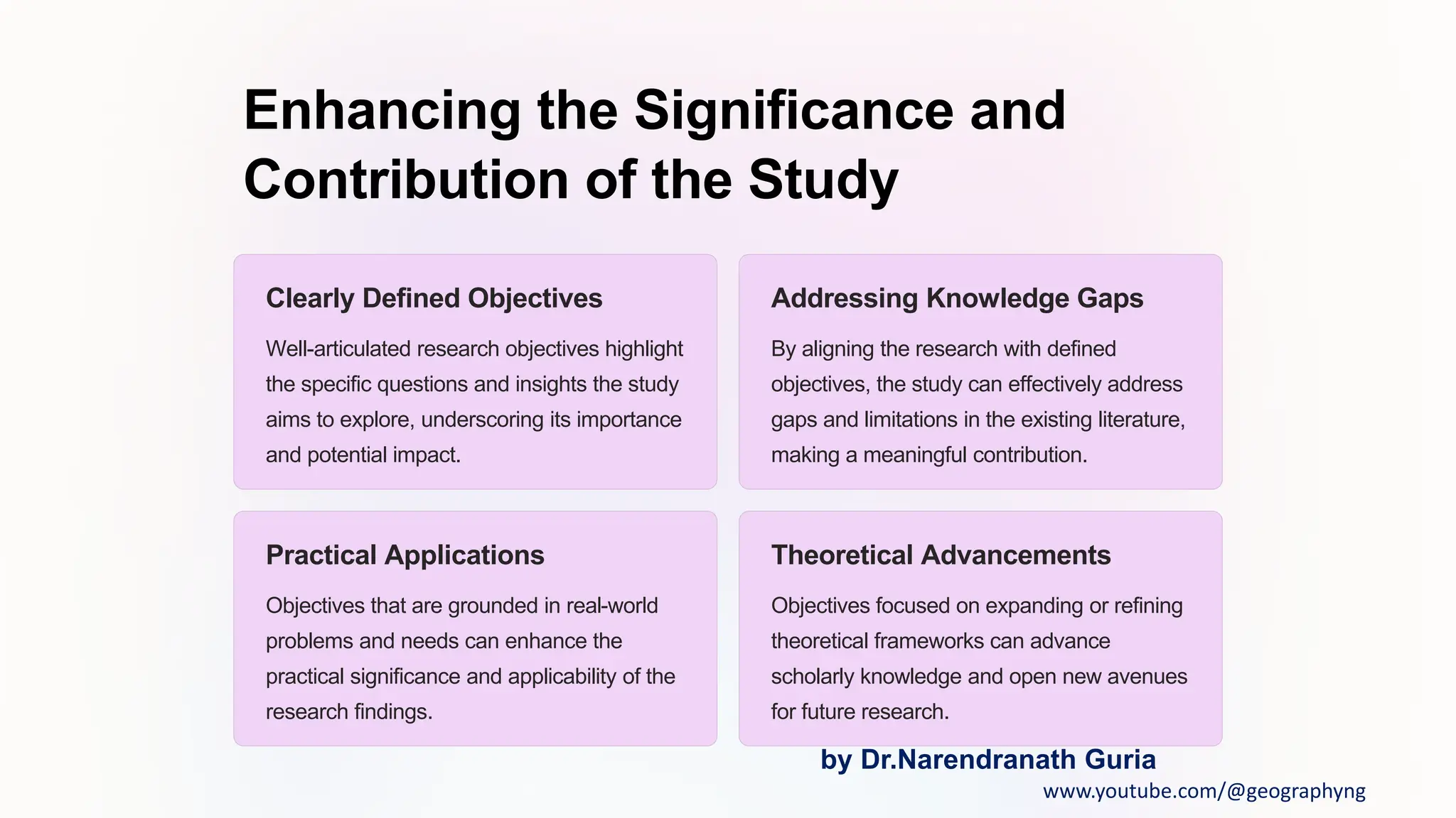 Enhancing the Significance and
Contribution of the Study
Clearly Defined Objectives
Well-articulated research objectives highlight
the specific questions and insights the study
aims to explore, underscoring its importance
and potential impact.
Addressing Knowledge Gaps
By aligning the research with defined
objectives, the study can effectively address
gaps and limitations in the existing literature,
making a meaningful contribution.
Practical Applications
Objectives that are grounded in real-world
problems and needs can enhance the
practical significance and applicability of the
research findings.
Theoretical Advancements
Objectives focused on expanding or refining
theoretical frameworks can advance
scholarly knowledge and open new avenues
for future research.
by Dr.Narendranath Guria
www.youtube.com/@geographyng
 