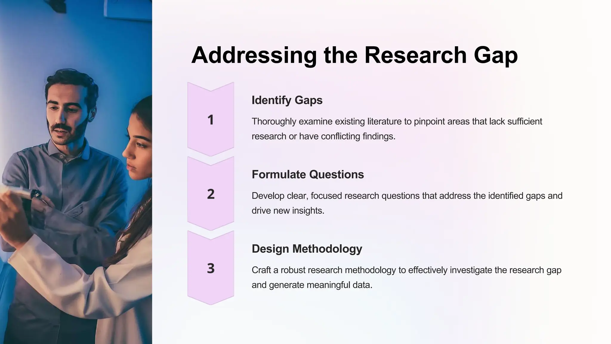 Addressing the Research Gap
Identify Gaps
Thoroughly examine existing literature to pinpoint areas that lack sufficient
research or have conflicting findings.
Formulate Questions
Develop clear, focused research questions that address the identified gaps and
drive new insights.
Design Methodology
Craft a robust research methodology to effectively investigate the research gap
and generate meaningful data.
 