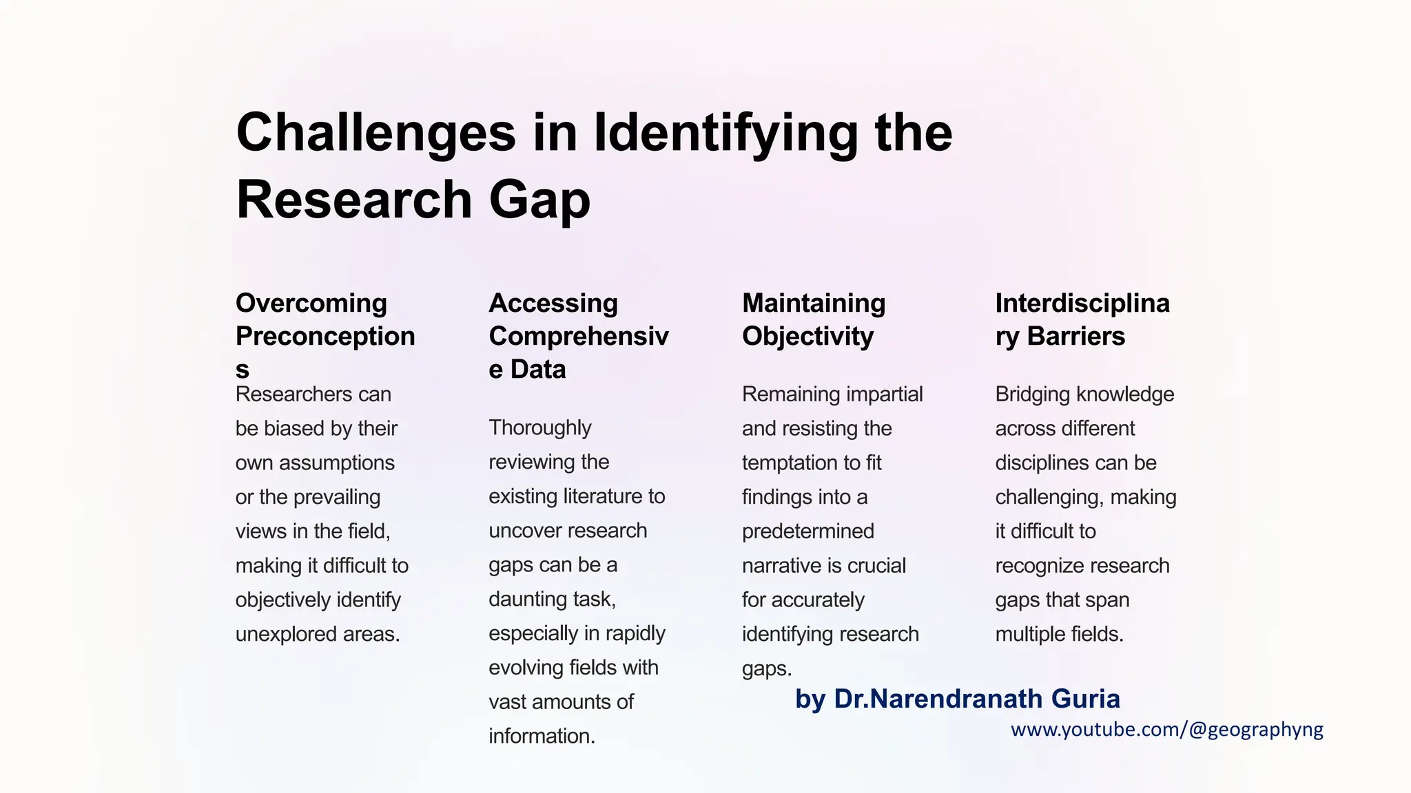 Challenges in Identifying the
Research Gap
Overcoming
Preconception
s
Researchers can
be biased by their
own assumptions
or the prevailing
views in the field,
making it difficult to
objectively identify
unexplored areas.
Accessing
Comprehensiv
e Data
Thoroughly
reviewing the
existing literature to
uncover research
gaps can be a
daunting task,
especially in rapidly
evolving fields with
vast amounts of
information.
Maintaining
Objectivity
Remaining impartial
and resisting the
temptation to fit
findings into a
predetermined
narrative is crucial
for accurately
identifying research
gaps.
Interdisciplina
ry Barriers
Bridging knowledge
across different
disciplines can be
challenging, making
it difficult to
recognize research
gaps that span
multiple fields.
by Dr.Narendranath Guria
www.youtube.com/@geographyng
 