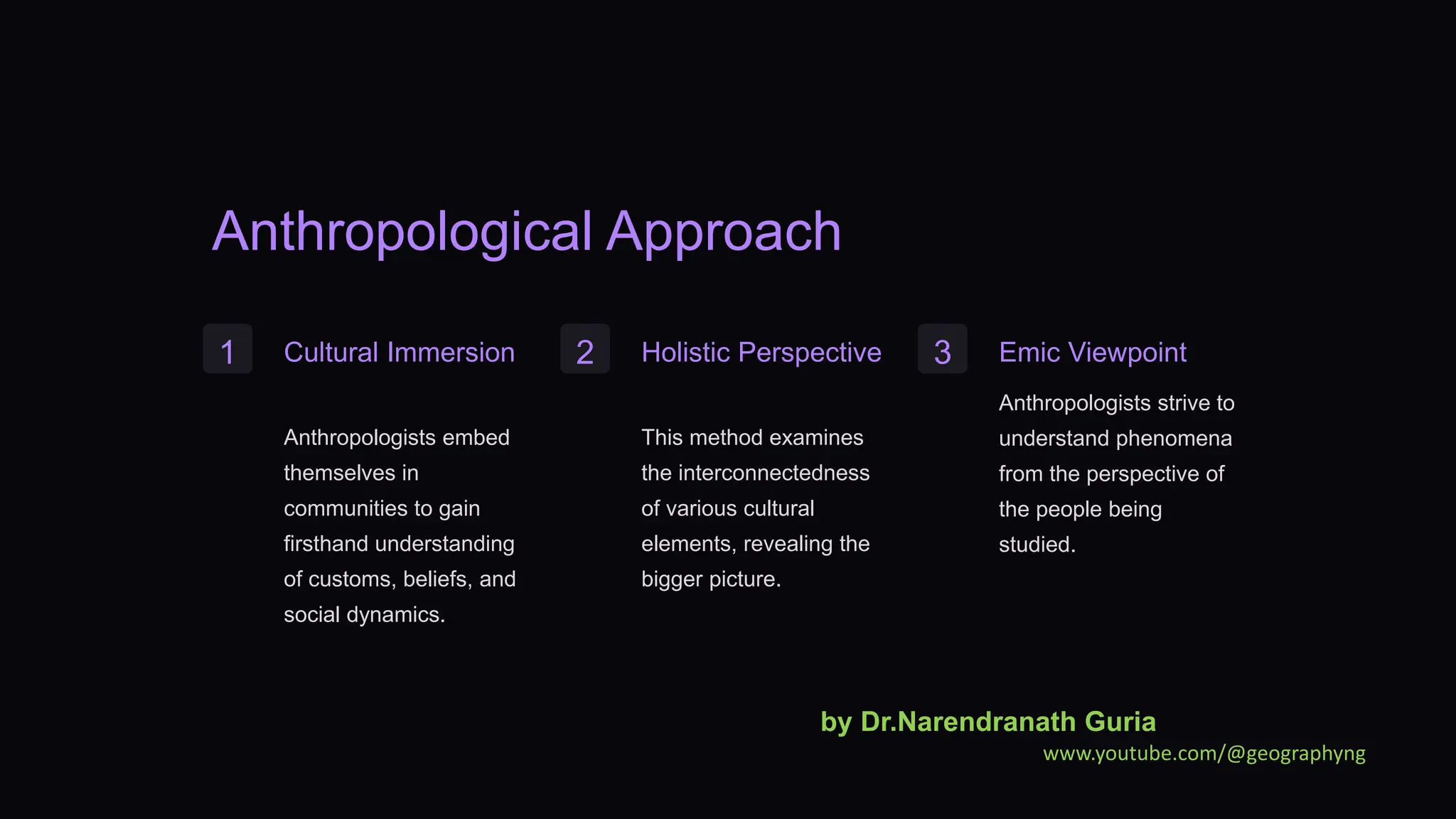 Anthropological Approach
1 Cultural Immersion
Anthropologists embed
themselves in
communities to gain
firsthand understanding
of customs, beliefs, and
social dynamics.
2 Holistic Perspective
This method examines
the interconnectedness
of various cultural
elements, revealing the
bigger picture.
3 Emic Viewpoint
Anthropologists strive to
understand phenomena
from the perspective of
the people being
studied.
by Dr.Narendranath Guria
www.youtube.com/@geographyng
 
