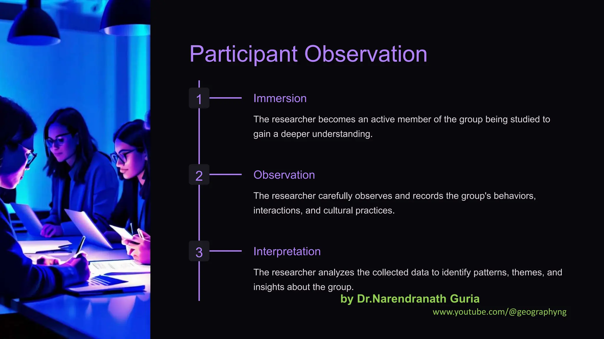 Participant Observation
1 Immersion
The researcher becomes an active member of the group being studied to
gain a deeper understanding.
2 Observation
The researcher carefully observes and records the group's behaviors,
interactions, and cultural practices.
3 Interpretation
The researcher analyzes the collected data to identify patterns, themes, and
insights about the group.
by Dr.Narendranath Guria
www.youtube.com/@geographyng
 