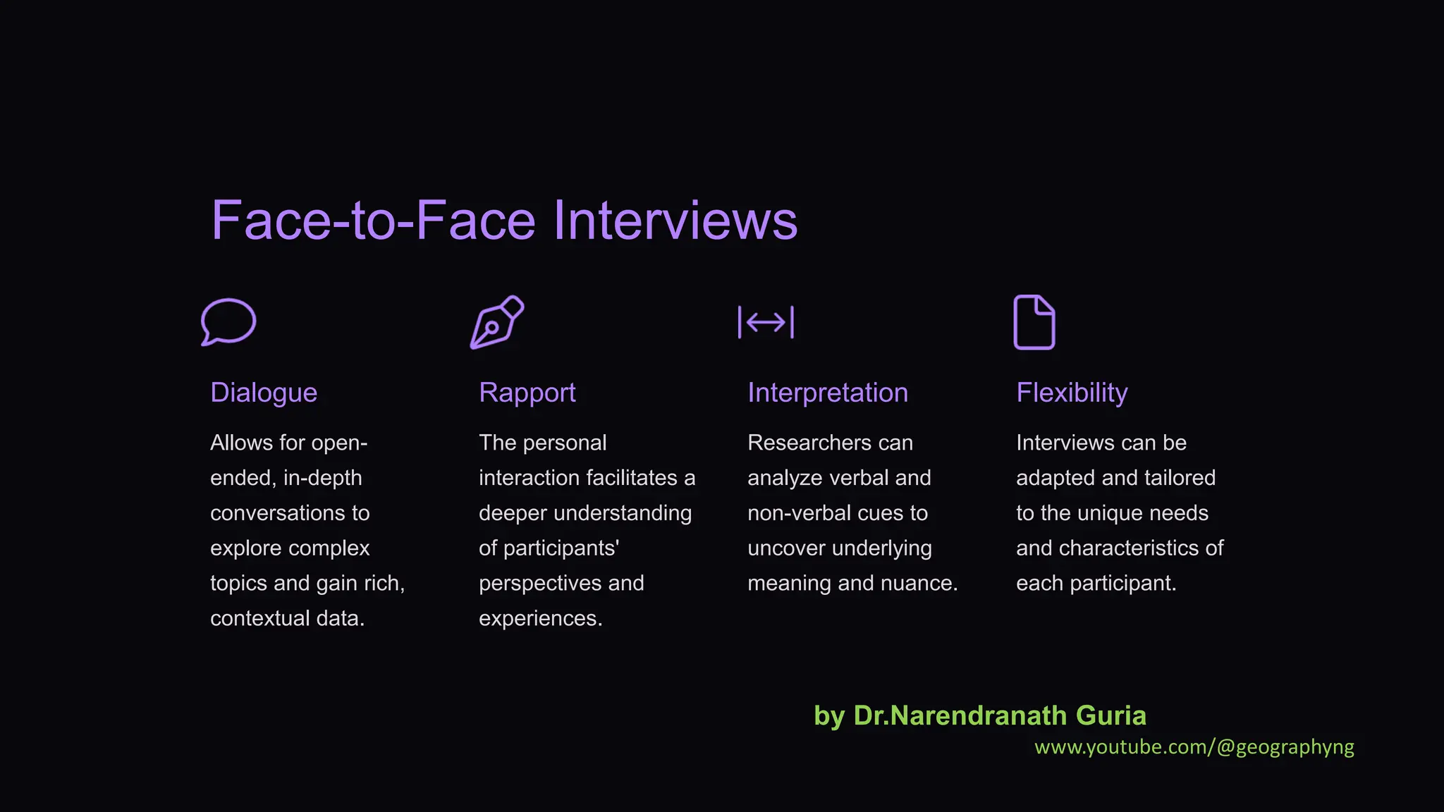 Face-to-Face Interviews
Dialogue
Allows for open-
ended, in-depth
conversations to
explore complex
topics and gain rich,
contextual data.
Rapport
The personal
interaction facilitates a
deeper understanding
of participants'
perspectives and
experiences.
Interpretation
Researchers can
analyze verbal and
non-verbal cues to
uncover underlying
meaning and nuance.
Flexibility
Interviews can be
adapted and tailored
to the unique needs
and characteristics of
each participant.
by Dr.Narendranath Guria
www.youtube.com/@geographyng
 