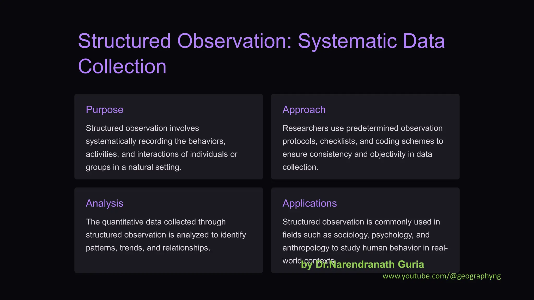 Structured Observation: Systematic Data
Collection
Purpose
Structured observation involves
systematically recording the behaviors,
activities, and interactions of individuals or
groups in a natural setting.
Approach
Researchers use predetermined observation
protocols, checklists, and coding schemes to
ensure consistency and objectivity in data
collection.
Analysis
The quantitative data collected through
structured observation is analyzed to identify
patterns, trends, and relationships.
Applications
Structured observation is commonly used in
fields such as sociology, psychology, and
anthropology to study human behavior in real-
world contexts.
by Dr.Narendranath Guria
www.youtube.com/@geographyng
 