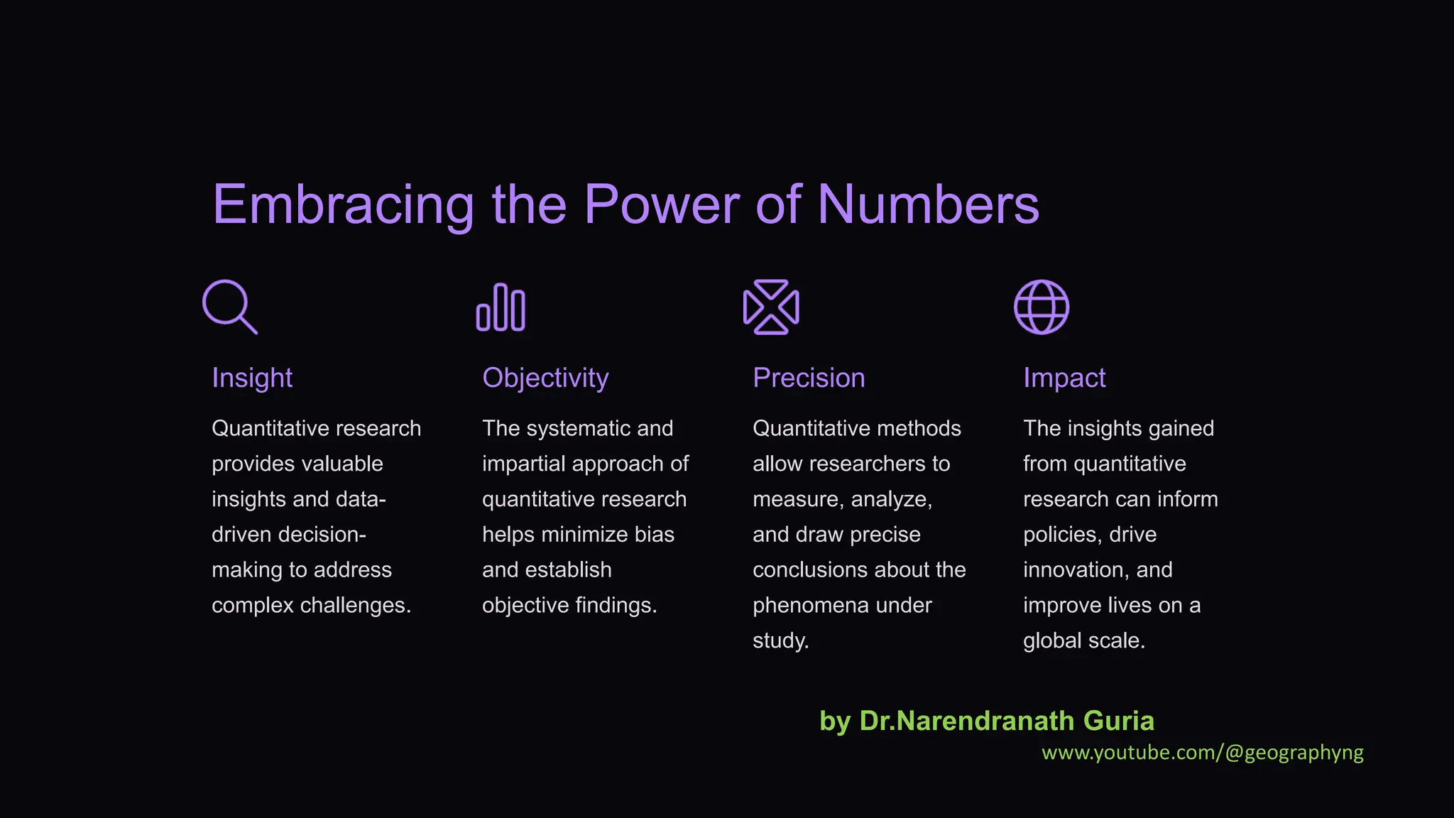 Embracing the Power of Numbers
Insight
Quantitative research
provides valuable
insights and data-
driven decision-
making to address
complex challenges.
Objectivity
The systematic and
impartial approach of
quantitative research
helps minimize bias
and establish
objective findings.
Precision
Quantitative methods
allow researchers to
measure, analyze,
and draw precise
conclusions about the
phenomena under
study.
Impact
The insights gained
from quantitative
research can inform
policies, drive
innovation, and
improve lives on a
global scale.
by Dr.Narendranath Guria
www.youtube.com/@geographyng
 