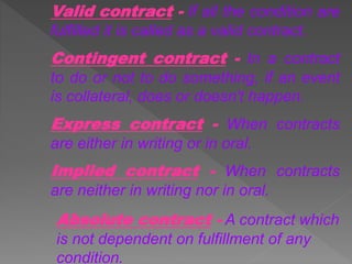 Valid contract - If all the condition are
fulfilled it is called as a valid contract.
Contingent contract - In a contract
to do or not to do something, if an event
is collateral, does or doesn't happen.
Express contract - When contracts
are either in writing or in oral.
Implied contract - When contracts
are neither in writing nor in oral.
Absolute contract - A contract which
is not dependent on fulfillment of any
condition.
 