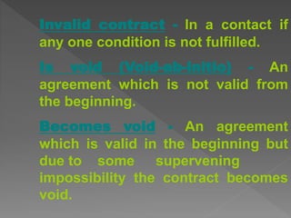 Invalid contract - In a contact if
any one condition is not fulfilled.
Is void (Void-ab-initio) - An
agreement which is not valid from
the beginning.
Becomes void - An agreement
which is valid in the beginning but
due to some supervening
impossibility the contract becomes
void.
 