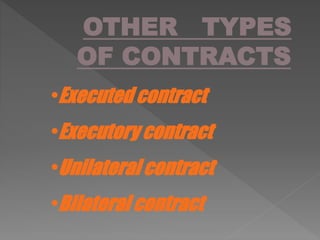 OTHER TYPES
OF CONTRACTS
•Executed contract
•Executory contract
•Unilateral contract
•Bilateral contract
 