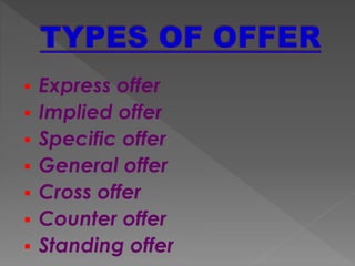  Express offer
 Implied offer
 Specific offer
 General offer
 Cross offer
 Counter offer
 Standing offer
 