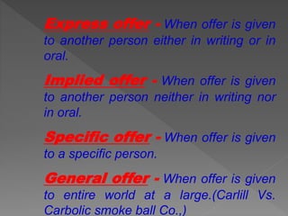 Express offer - When offer is given
to another person either in writing or in
oral.
Implied offer - When offer is given
to another person neither in writing nor
in oral.
Specific offer - When offer is given
to a specific person.
General offer - When offer is given
to entire world at a large.(Carlill Vs.
Carbolic smoke ball Co.,)
 