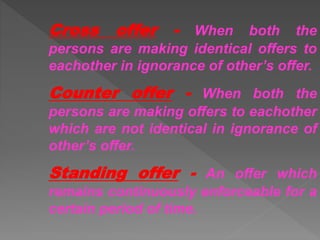Cross offer - When both the
persons are making identical offers to
eachother in ignorance of other’s offer.
Counter offer - When both the
persons are making offers to eachother
which are not identical in ignorance of
other’s offer.
Standing offer - An offer which
remains continuously enforceable for a
certain period of time.
 