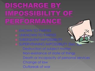  KNOWN TO PARTIES
 UNKNOWN TO PARTIES
 SUBSEQUENT IMPOSSIBILITY
 SUPERVENNING IMPOSSIBILITY (Sec 56)
Destruction of subject matter
Non-existance of state of things
Death or incapacity of personal services
Change of law
Outbreak of war
 