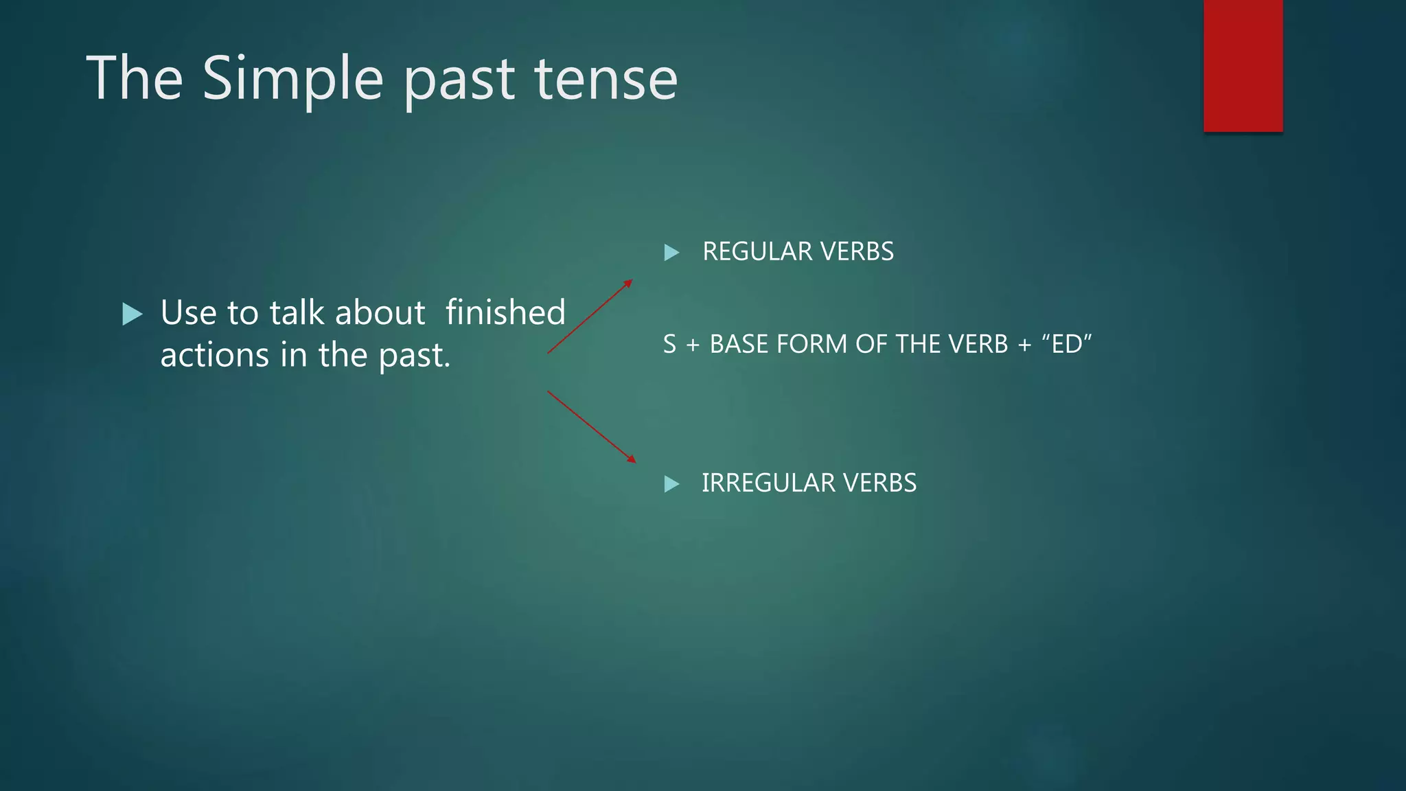The Simple past tense
Use to talk about finished
actions in the past.
REGULAR VERBS
S + BASE FORM OF THE VERB + “ED”
IRREGULAR VERBS