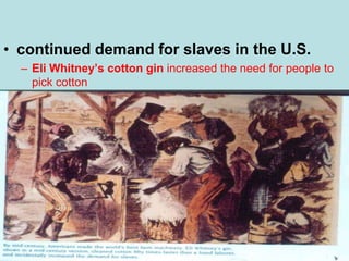 • continued demand for slaves in the U.S.
– Eli Whitney’s cotton gin increased the need for people to
pick cotton
 