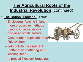 The Agricultural Roots of the
Industrial Revolution (continued)
• The British (England) (1700s)
– Enclosures-fencing in land-
more productive methods
used to improve yields-
displaced small farmers
– Crop rotation-replaced three
field system
– Jethro Tull- the seed drill
(better than scattering and
wasting seed)
– Improved livestock breeding.
 