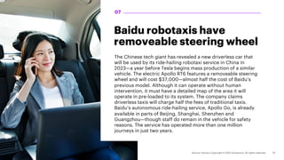 Baidu robotaxis have
removeable steering wheel
The Chinese tech giant has revealed a new driverless car that
will be used by its ride-hailing robotaxi service in China in
2023—a year before Tesla begins mass production of a similar
vehicle. The electric Apollo RT6 features a removeable steering
wheel and will cost $37,000—almost half the cost of Baidu’s
previous model. Although it can operate without human
intervention, it must have a detailed map of the area it will
operate in pre-loaded to its system. The company claims
driverless taxis will charge half the fees of traditional taxis.
Baidu’s autonomous ride-hailing service, Apollo Go, is already
available in parts of Beijing, Shanghai, Shenzhen and
Guangzhou—though staff do remain in the vehicle for safety
reasons. The service has operated more than one million
journeys in just two years.
07
 