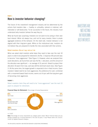 PART I

How is investor behavior changing?
The future of the investment management industry will be determined by the
actions that investors take — healthy or unhealthy, rational or irrational, selfinterested or self-destructive. To be successful in the future, the industry must
understand why investors behave the way they do.
What we found was surprising: Investors do not seem to be acting in their own
best interest. While not always true, and not for every investor, there is ample
aggregate evidence of this behavior. On the retail side, investor behavior is not

INVESTORS ARE
NOT ACTING
IN THEIR OWN
BEST INTEREST.

aligned with their long-term goals. While on the institutional side, investors do
not believe they are prepared to handle the risks associated with their actions.
Retail investors: Do as I say, not as I do

When we asked retail investors what steps they need to take over the next 10
years in order to be prepared for retirement, the No. 1 response (40 percent) was
to become “more aggressive.” (See Figure 1.) However, when we analyzed their
asset allocations, we found that cash was the No. 1 allocation, and the amount of
the allocation was significant — an average of 31 percent. Asked to project their
allocation 10 years from now, cash was still the dominant asset class. (See Figure
2.) At the same time, the largest growth is expected to be in fixed income. Given
investors’ stated need to be more aggressive, the preference for cash, combined
with a movement toward fixed income, seems out of sync with the long-term goal
of becoming more aggressive.
FIGURE 1.

Retail investors claim they will need to be “more aggressive” over the next 10
years to prepare for retirement.
Financial Steps for Retirement  (Percentage of Survey Respondents)

6%

Don’t know

23%

Not planning to take
new ﬁnancial steps

2%

Other reason

40%

More aggressive

29%

More conservative

n= 2,623
Note: Percentage of survey respondents by category when asked: Which financial steps are you
taking to prepare for or during retirement in the next 10 years, if any? Please select one. Source:
Center for Applied Research analysis.

THE INFLUENTIAL INVESTOR: HOW INVESTOR BEHAVIOR IS REDEFINING PERFORMANCE

4

 