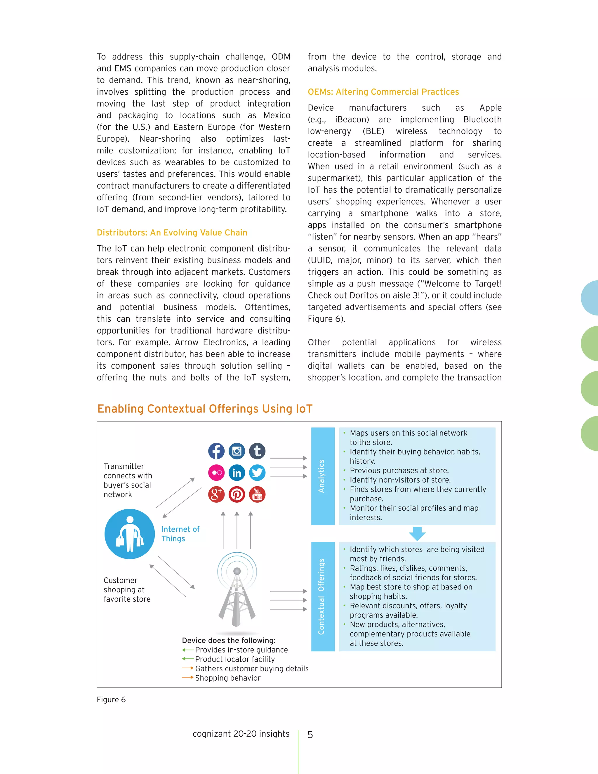 cognizant 20-20 insights 5
To address this supply-chain challenge, ODM
and EMS companies can move production closer
to demand. This trend, known as near-shoring,
involves splitting the production process and
moving the last step of product integration
and packaging to locations such as Mexico
(for the U.S.) and Eastern Europe (for Western
Europe). Near-shoring also optimizes last-
mile customization; for instance, enabling IoT
devices such as wearables to be customized to
users’ tastes and preferences. This would enable
contract manufacturers to create a differentiated
offering (from second-tier vendors), tailored to
IoT demand, and improve long-term profitability.
Distributors: An Evolving Value Chain
The IoT can help electronic component distribu-
tors reinvent their existing business models and
break through into adjacent markets. Customers
of these companies are looking for guidance
in areas such as connectivity, cloud operations
and potential business models. Oftentimes,
this can translate into service and consulting
opportunities for traditional hardware distribu-
tors. For example, Arrow Electronics, a leading
component distributor, has been able to increase
its component sales through solution selling –
offering the nuts and bolts of the IoT system,
from the device to the control, storage and
analysis modules.
OEMs: Altering Commercial Practices
Device manufacturers such as Apple
(e.g., iBeacon) are implementing Bluetooth
low-energy (BLE) wireless technology to
create a streamlined platform for sharing
location-based information and services.
When used in a retail environment (such as a
supermarket), this particular application of the
IoT has the potential to dramatically personalize
users’ shopping experiences. Whenever a user
carrying a smartphone walks into a store,
apps installed on the consumer’s smartphone
“listen” for nearby sensors. When an app “hears”
a sensor, it communicates the relevant data
(UUID, major, minor) to its server, which then
triggers an action. This could be something as
simple as a push message (“Welcome to Target!
Check out Doritos on aisle 3!”), or it could include
targeted advertisements and special offers (see
Figure 6).
Other potential applications for wireless
transmitters include mobile payments – where
digital wallets can be enabled, based on the
shopper’s location, and complete the transaction
Enabling Contextual Offerings Using IoT
Figure 6
Transmitter
connects with
buyer’s social
network
Customer
shopping at
favorite store
Internet of
Things
Device does the following:
Provides in-store guidance
Product locator facility
Gathers customer buying details
Shopping behavior
• Maps users on this social network
to the store.
• Identify their buying behavior, habits,
history.
• Previous purchases at store.
• Identify non-visitors of store.
• Finds stores from where they currently
purchase.
• Monitor their social profiles and map
interests.
Analytics
• Identify which stores are being visited
most by friends.
• Ratings, likes, dislikes, comments,
feedback of social friends for stores.
• Map best store to shop at based on
shopping habits.
• Relevant discounts, offers, loyalty
programs available.
• New products, alternatives,
complementary products available
at these stores.
ContextualOfferings
 