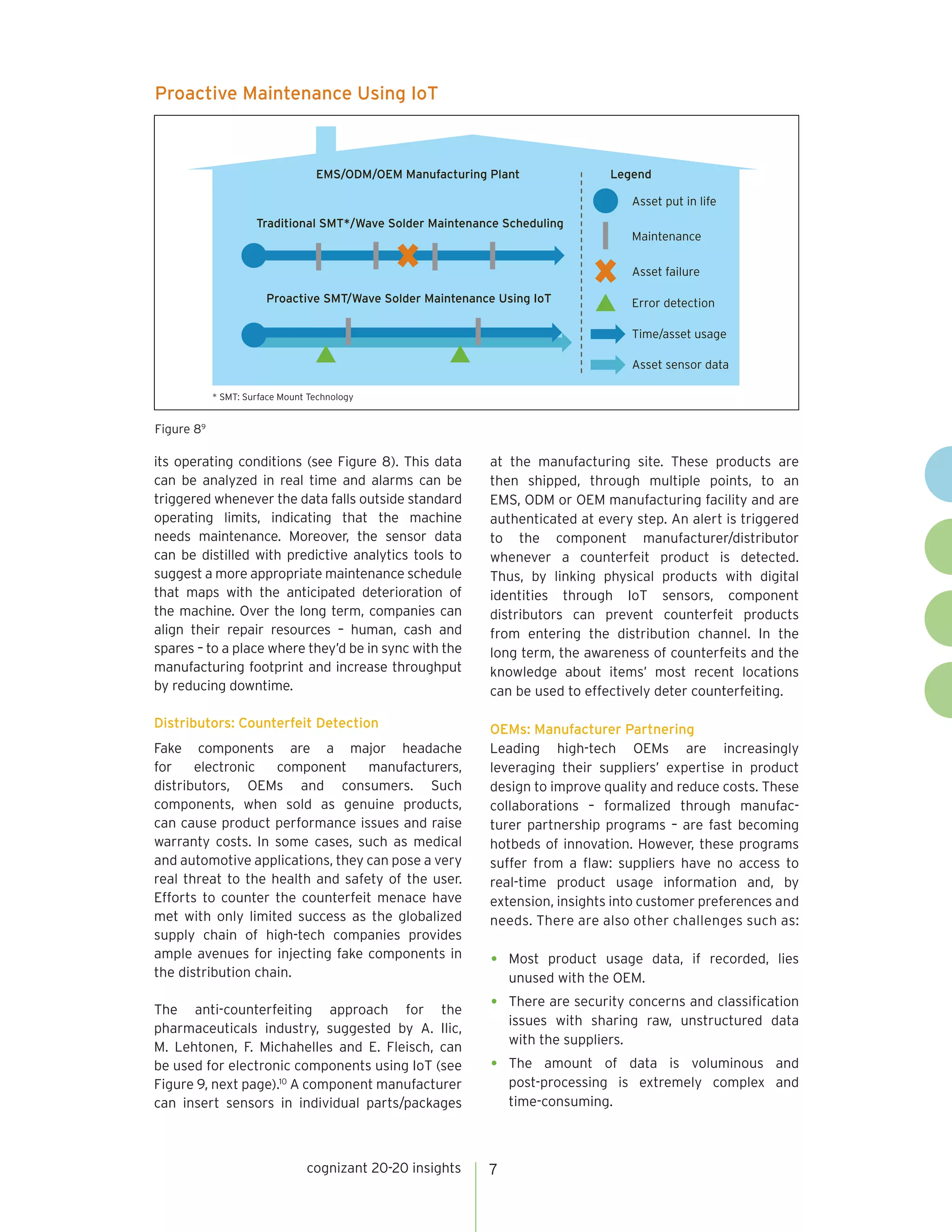 cognizant 20-20 insights 7
its operating conditions (see Figure 8). This data
can be analyzed in real time and alarms can be
triggered whenever the data falls outside standard
operating limits, indicating that the machine
needs maintenance. Moreover, the sensor data
can be distilled with predictive analytics tools to
suggest a more appropriate maintenance schedule
that maps with the anticipated deterioration of
the machine. Over the long term, companies can
align their repair resources – human, cash and
spares – to a place where they’d be in sync with the
manufacturing footprint and increase throughput
by reducing downtime.
Distributors: Counterfeit Detection
Fake components are a major headache
for electronic component manufacturers,
distributors, OEMs and consumers. Such
components, when sold as genuine products,
can cause product performance issues and raise
warranty costs. In some cases, such as medical
and automotive applications, they can pose a very
real threat to the health and safety of the user.
Efforts to counter the counterfeit menace have
met with only limited success as the globalized
supply chain of high-tech companies provides
ample avenues for injecting fake components in
the distribution chain.
The anti-counterfeiting approach for the
pharmaceuticals industry, suggested by A. Ilic,
M. Lehtonen, F. Michahelles and E. Fleisch, can
be used for electronic components using IoT (see
Figure 9, next page).10
A component manufacturer
can insert sensors in individual parts/packages
at the manufacturing site. These products are
then shipped, through multiple points, to an
EMS, ODM or OEM manufacturing facility and are
authenticated at every step. An alert is triggered
to the component manufacturer/distributor
whenever a counterfeit product is detected.
Thus, by linking physical products with digital
identities through IoT sensors, component
distributors can prevent counterfeit products
from entering the distribution channel. In the
long term, the awareness of counterfeits and the
knowledge about items’ most recent locations
can be used to effectively deter counterfeiting.
OEMs: Manufacturer Partnering
Leading high-tech OEMs are increasingly
leveraging their suppliers’ expertise in product
design to improve quality and reduce costs. These
collaborations – formalized through manufac-
turer partnership programs – are fast becoming
hotbeds of innovation. However, these programs
suffer from a flaw: suppliers have no access to
real-time product usage information and, by
extension, insights into customer preferences and
needs. There are also other challenges such as:
•	 Most product usage data, if recorded, lies
unused with the OEM.
•	 There are security concerns and classification
issues with sharing raw, unstructured data
with the suppliers.
•	The amount of data is voluminous and
post-processing is extremely complex and
time-consuming.
Proactive Maintenance Using IoT
Figure 89
Traditional SMT*/Wave Solder Maintenance Scheduling
Proactive SMT/Wave Solder Maintenance Using IoT
Legend
Asset put in life
Maintenance
Asset failure
Error detection
Time/asset usage
Asset sensor data
EMS/ODM/OEM Manufacturing Plant
* SMT: Surface Mount Technology
 