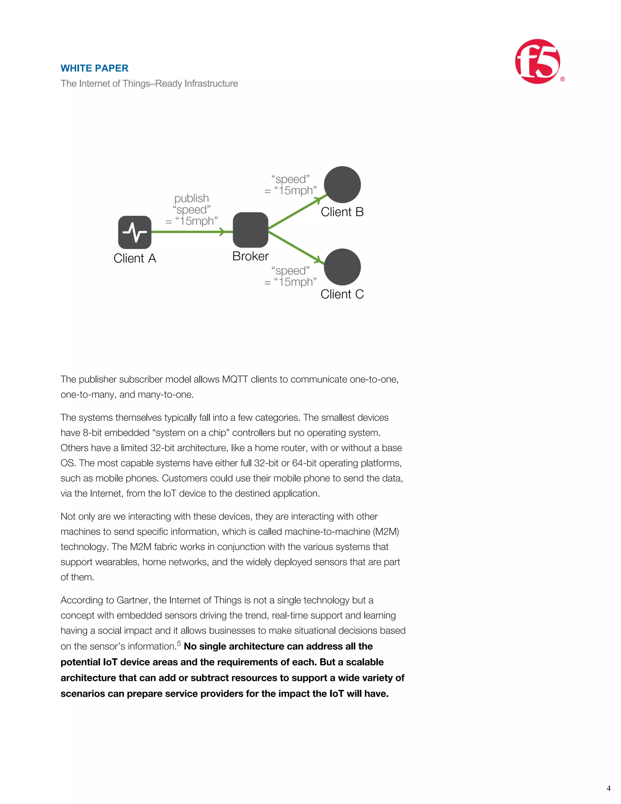 At a later time, Client A publishes a value of 15mph for topic speed. The broker
forwards the message to all subscribed clients.
The publisher subscriber model allows MQTT clients to communicate one-to-one,
one-to-many, and many-to-one.
The systems themselves typically fall into a few categories. The smallest devices
have 8-bit embedded “system on a chip” controllers but no operating system.
Others have a limited 32-bit architecture, like a home router, with or without a base
OS. The most capable systems have either full 32-bit or 64-bit operating platforms,
such as mobile phones. Customers could use their mobile phone to send the data,
via the Internet, from the IoT device to the destined application.
Not only are we interacting with these devices, they are interacting with other
machines to send speciﬁc information, which is called machine-to-machine (M2M)
technology. The M2M fabric works in conjunction with the various systems that
support wearables, home networks, and the widely deployed sensors that are part
of them.
According to Gartner, the Internet of Things is not a single technology but a
concept with embedded sensors driving the trend, real-time support and learning
having a social impact and it allows businesses to make situational decisions based
on the sensor’s information. No single architecture can address all the
potential IoT device areas and the requirements of each. But a scalable
architecture that can add or subtract resources to support a wide variety of
scenarios can prepare service providers for the impact the IoT will have.
The IoT eﬀect on applications
Many of today’s traditional architectures will buckle under the increasing demand of
all the connected devices. According to IDC, the rate at which applications double in
the enterprise is once every four years. This time frame is likely to be cut in half as
more IoT devices need applications supporting them and service providers need to
5
6
WHITE PAPER
The Internet of Things–Ready Infrastructure
®
4
WHITE PAPER
The Internet of Things–Ready Infrastructure
®
 
