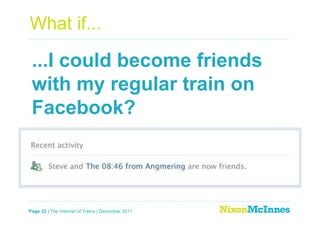 What if...

 ...I could become friends
 with my regular train on
 Facebook?




Page 22 | The Internet of Trains | December 2011
 