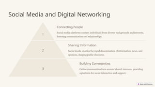 Social Media and Digital Networking
1
Connecting People
Social media platforms connect individuals from diverse backgrounds and interests,
fostering communication and relationships.
2
Sharing Information
Social media enables the rapid dissemination of information, news, and
opinions, shaping public discourse.
3
Building Communities
Online communities form around shared interests, providing
a platform for social interaction and support.
 