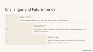 Challenges and Future Trends
1
Data Privacy
Protecting user data and privacy in the digital age remains a crucial challenge.
2
Cybersecurity
Safeguarding against cyberattacks and data breaches is paramount for securing the
internet infrastructure.
3
Digital Divide
Bridging the digital divide and ensuring equitable access to
the internet is a critical social issue.
 