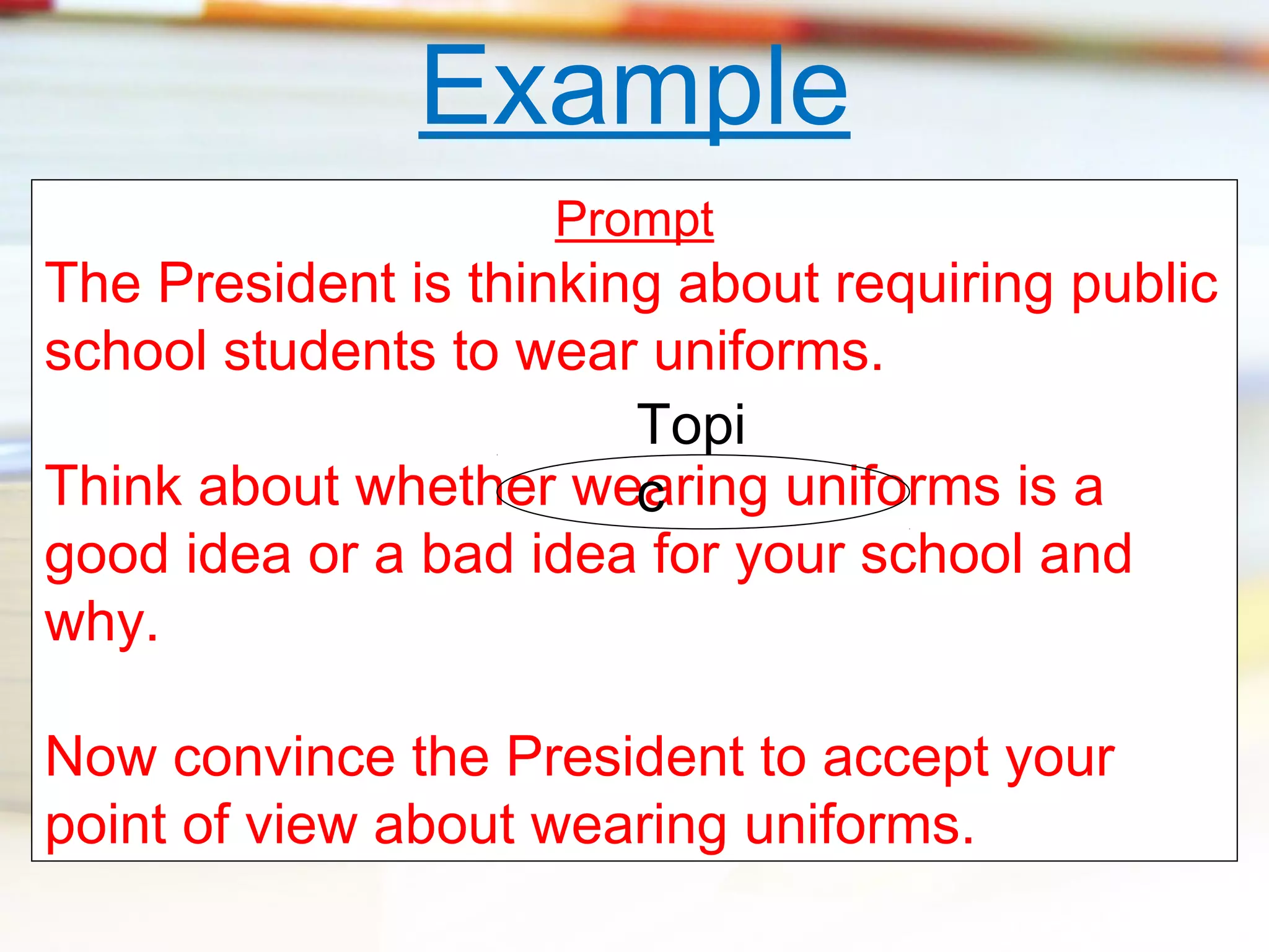 Example
Prompt

The President is thinking about requiring public
school students to wear uniforms.
Topi
Think about whether wearing uniforms is a
c
good idea or a bad idea for your school and
why.
Now convince the President to accept your
point of view about wearing uniforms.

 