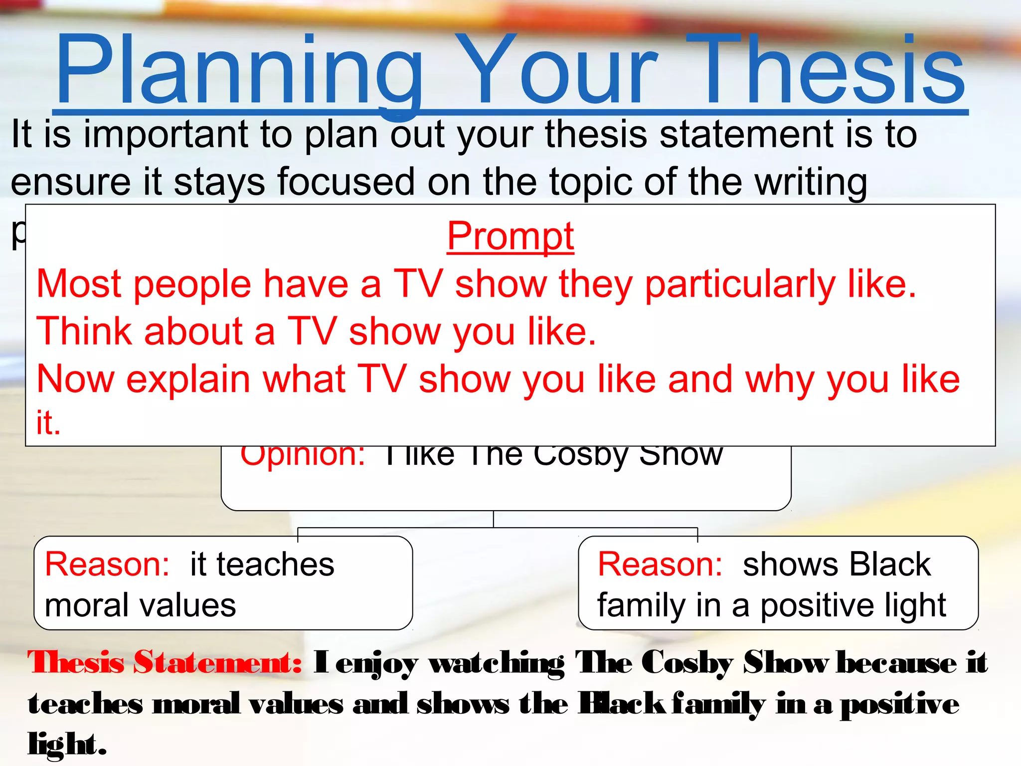 Planning Yourstatement is to
Thesis
It is important to plan out your thesis
ensure it stays focused on the topic of the writing
prompt.
Prompt
Most people have a TV show they particularly like.
Think about a TV show you like.
Now explain what TV show you like and why you like
it.

Opinion: I like The Cosby Show

Reason: it teaches
moral values

Reason: shows Black
family in a positive light

Thesis Statement: I enjoy watching The Cosby Show because it
teaches moral values and shows the Black family in a positive
light.

 