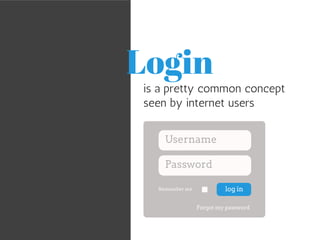 Login 
is a pretty common concept 
seen by internet users 
Username 
Password 
Remember me log in 
Forgot my password 
 