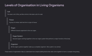 Levels of Organisation in Living Organisms
Cell
The basic unit of life, just like a brick is the basic unit of a wall.
Tissue
A group of similar cells that form a type of tissue.
Organ
Different tissues organized to form an organ.
Organ System
Several organs working together to form an organ system that performs a major function of the body.
Organism
All the organ systems together make up a complete organism4like a plant or an animal.
These levels of organisation help us understand how simple building blocks like cells come together to form a complex living being.
 
