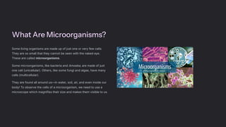 What Are Microorganisms?
Some living organisms are made up of just one or very few cells.
They are so small that they cannot be seen with the naked eye.
These are called microorganisms.
Some microorganisms, like bacteria and Amoeba, are made of just
one cell (unicellular). Others, like some fungi and algae, have many
cells (multicellular).
They are found all around us4in water, soil, air, and even inside our
body! To observe the cells of a microorganism, we need to use a
microscope which magnifies their size and makes them visible to us.
 
