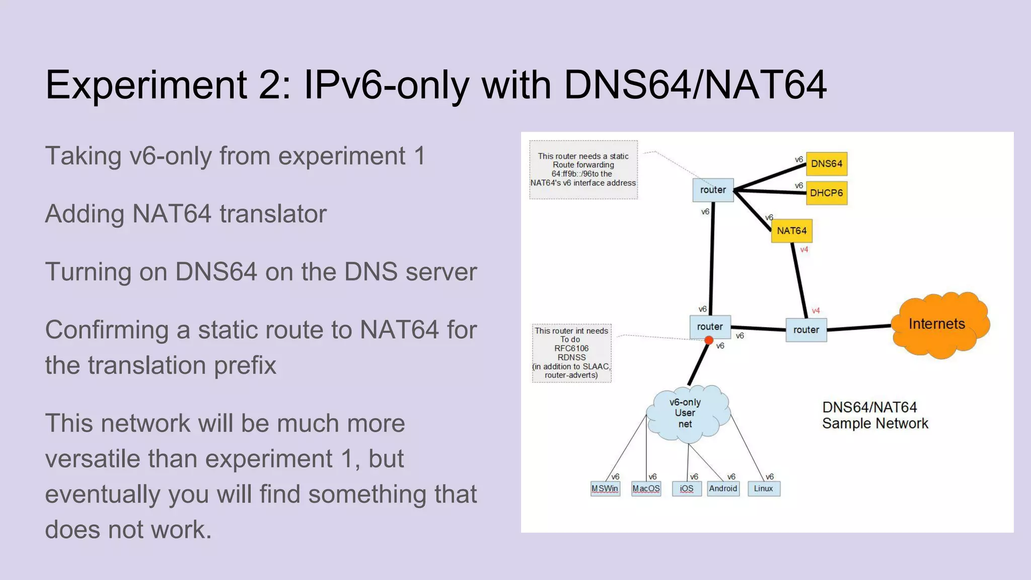 Experiment 2: IPv6-only with DNS64/NAT64
Taking v6-only from experiment 1
Adding NAT64 translator
Turning on DNS64 on the DNS server
Confirming a static route to NAT64 for
the translation prefix
This network will be much more
versatile than experiment 1, but
eventually you will find something that
does not work.
 